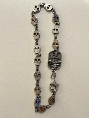 King Baby Studio .925 Sterling Silver Round Skull Chain Link Bracelet
